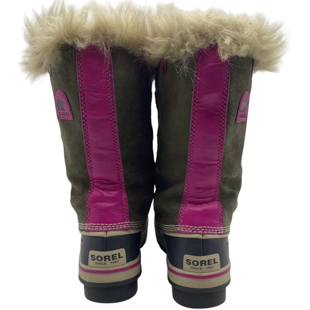 Sorel Girls Winter Boots Size 6 Green Pink Leather Waterproof Faux Fur Tall - Picture 8 of 14